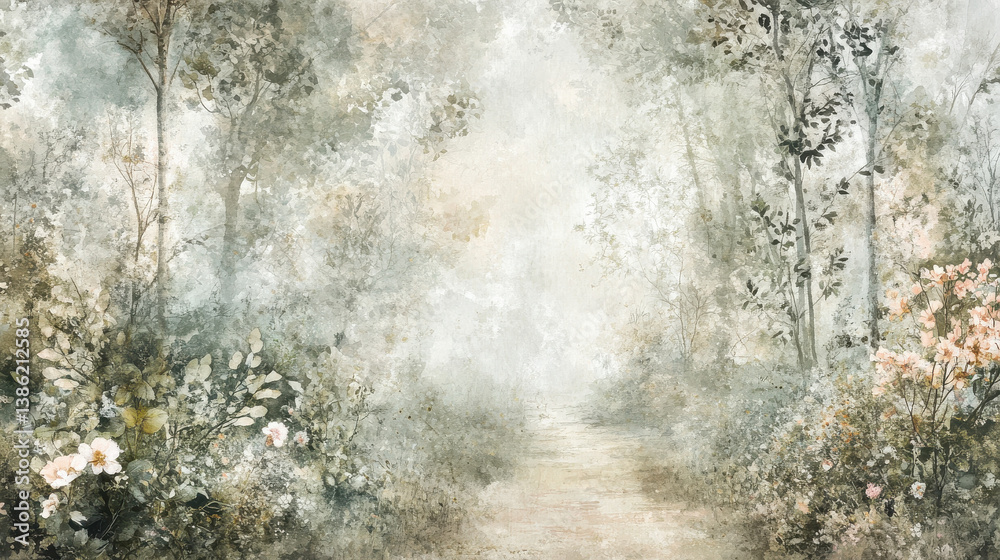 Lush watercolor forest scene with winding trail, soft greens and delicate hues of floral accents, mist enveloping the distance