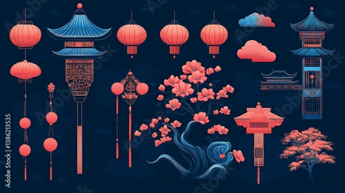 Elegant chinese decorations and lanterns, showcasing a beautiful chinese design