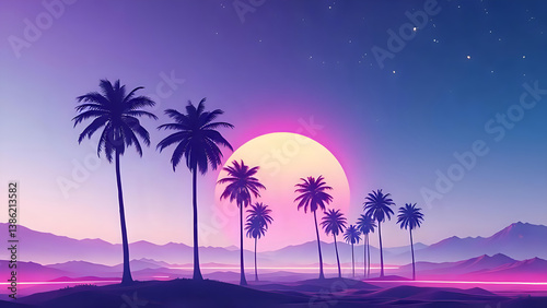 Retro Futuristic Neon Landscape with Glowing Sunset, Palm Trees Silhouettes. Synthwave Style. Purple and Blue  Gradient