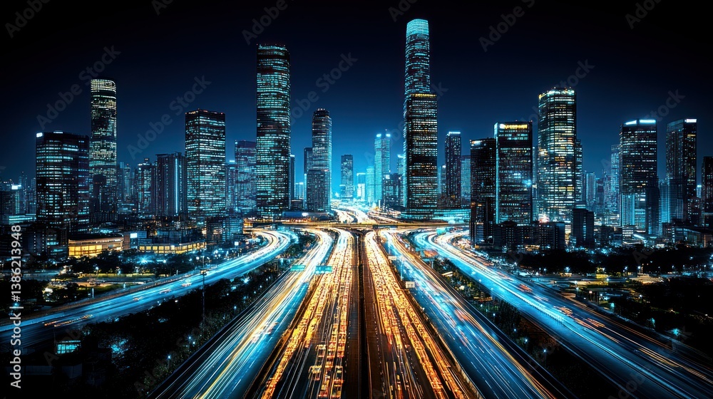 Fototapeta premium Night Metropolis: Skyscrapers and City Lights