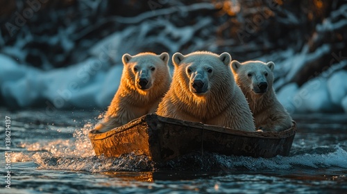 Three polar bears in a small wooden boat on water at sunset.