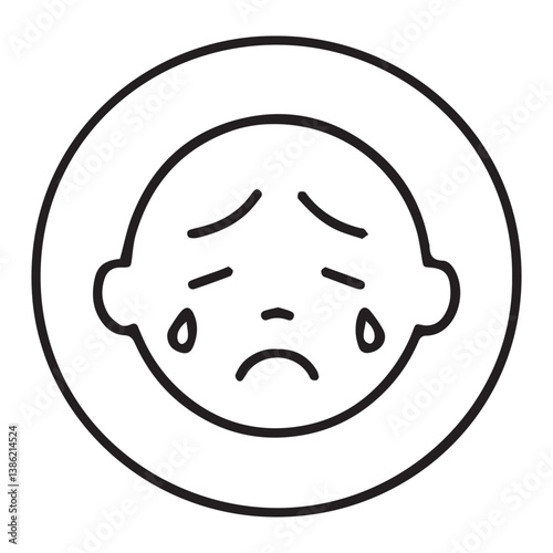 Minimal line icon of crying child with tears on cheeks in black and white. Childhood grief and emotional struggle concept