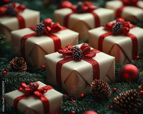 Christmas Gifts Wrapped in Elegance: A Festive Scene of Beautifully Decorated Presents Nestled Amongst Evergreen Branches and Red Ornaments, Evoking Warmth and Holiday Cheer. photo