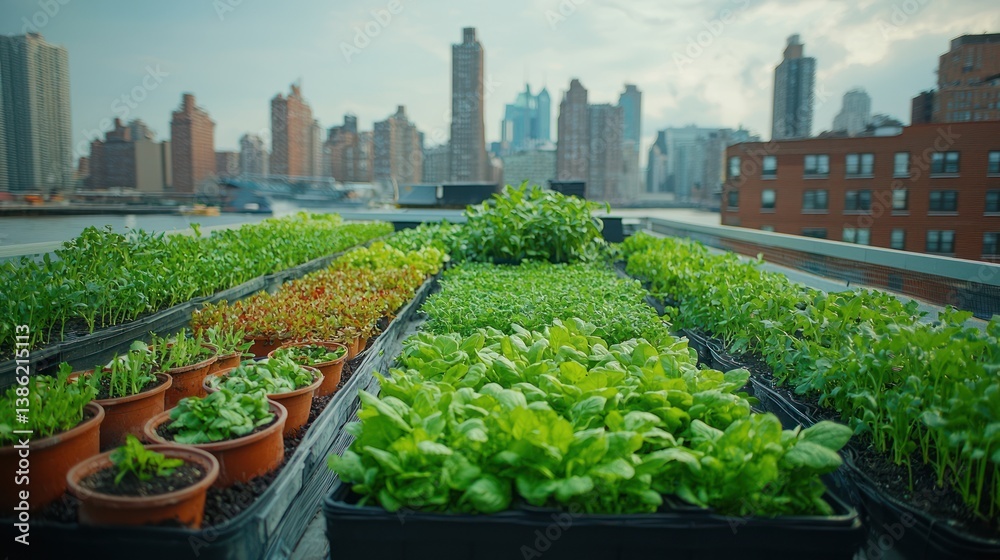 Fototapeta premium Urban rooftop garden with city skyline backdrop.