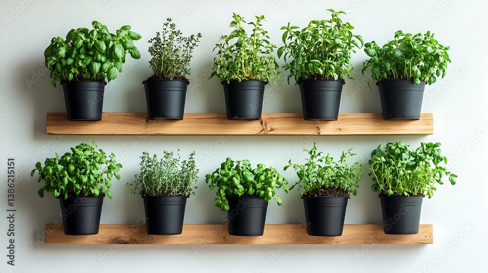 Assortment of potted herbs displayed on wooden shelves against white wall
