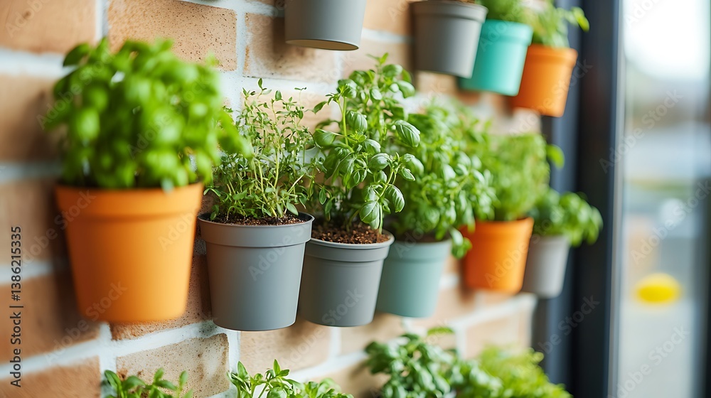 Several colorful hanging planters showcase various herbs on brick walls