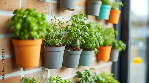 Obraz na płótnie Several colorful hanging planters showcase various herbs on brick walls w salonie