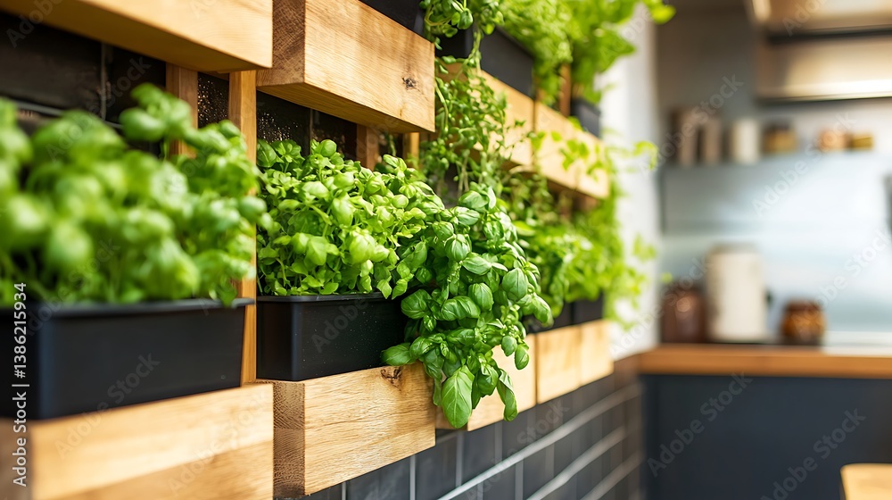 A beautiful vertical garden with several green potted herbs