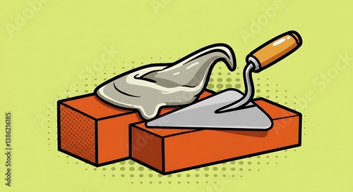 Mortar Application: Pop Art Illustration of Bricklaying Process AI Generated