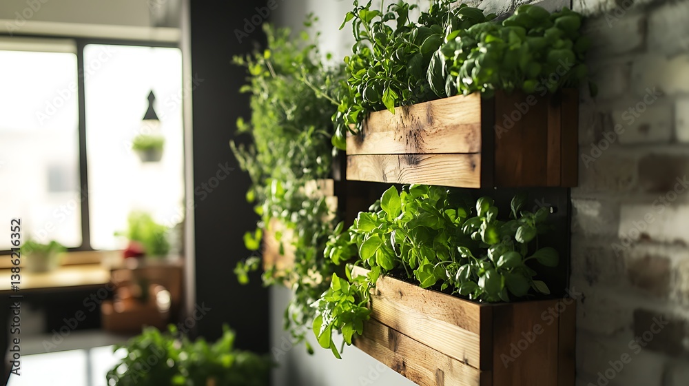 Green herbs are displayed in wooden boxes on a wall