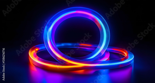 Illuminated semicircular rings glow with vibrant blue, purple, and orange on a dark background. Neon light reflects, creating a modern abstract design.