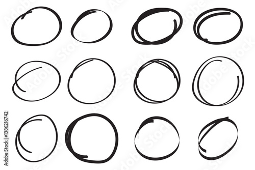 Hand drawn circle line sketch set. Circular vector image. Hand drawn circle with doodle patterns. Vector brush strokes circles of paint on white background.