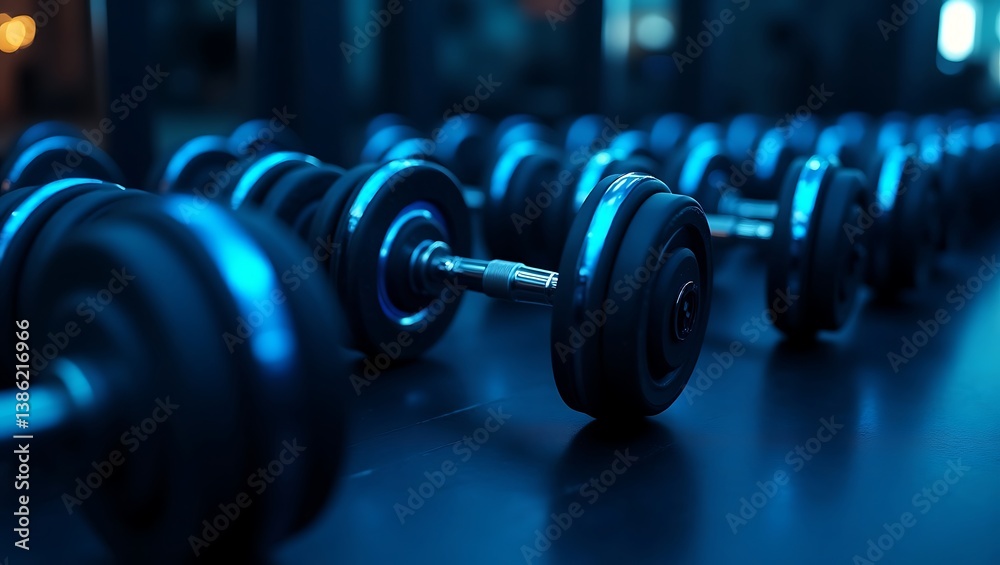 A close up view of a row of dumbbells with blue lighting in a gym setting for fitness and strength training A close up view of a row of dumbbells with blue lighting in a gym setting for fitness and strength training