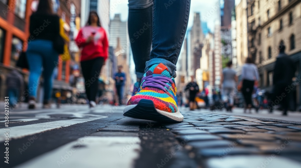 Obraz premium Close-up of colorful sneakers on bustling city street with diverse people walking
