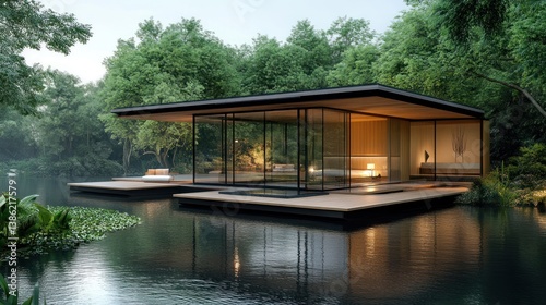 Serene Glass House on a Tranquil Lake