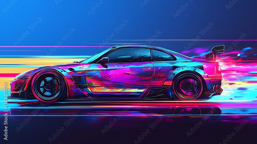 A colorful sports car driving fast with speed lines