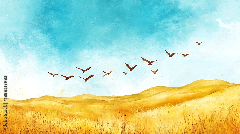 A beautiful watercolor painting depicting birds flying over golden hills