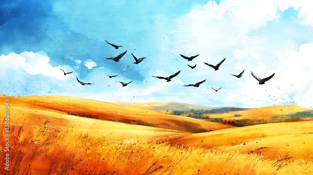 A painted artwork of birds flying above golden fields under sky