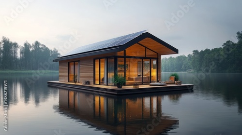 Eco-Friendly Floating Home on Serene Lake at Dusk