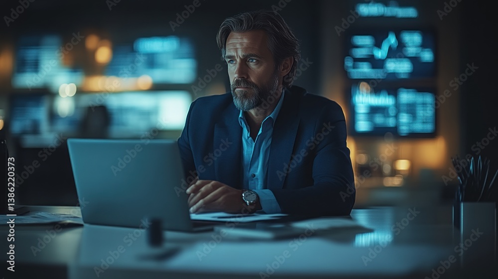 Focused Professional in a Modern Office at Night Concentrating on Laptop with Illuminated Scre Focused Professional in a Modern Office at Night Concentrating on Laptop with Illuminated Scre