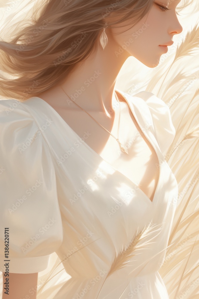 Woman in white dress standing amongst golden wheat, bathed in ethereal light Woman in white dress standing amongst golden wheat, bathed in ethereal light
