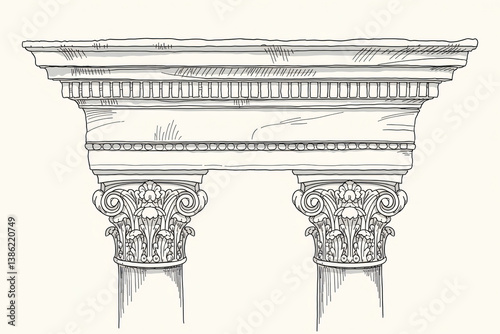 line drawing of a Corinthian entablature with highly decorative frieze