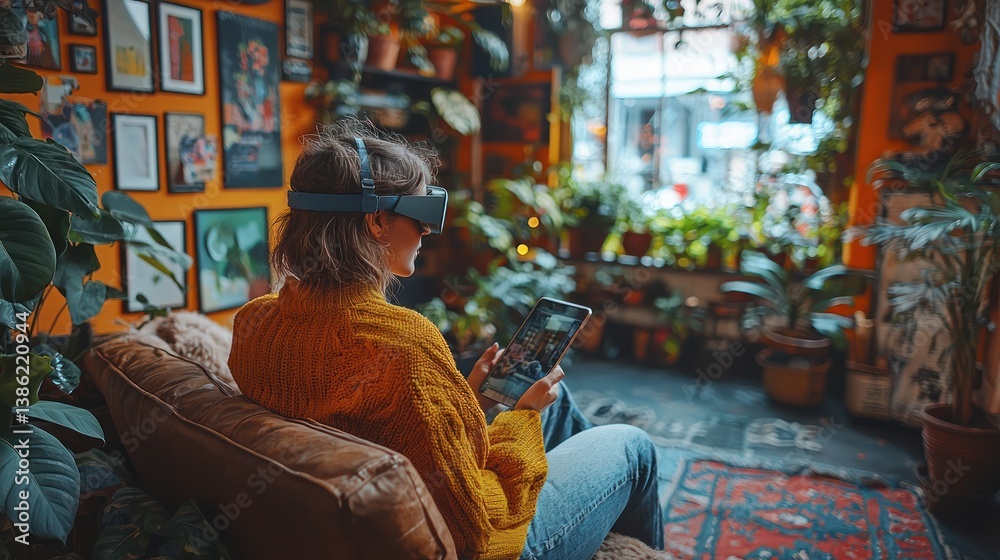 Obraz premium Woman using VR headset and tablet in a plant-filled room.