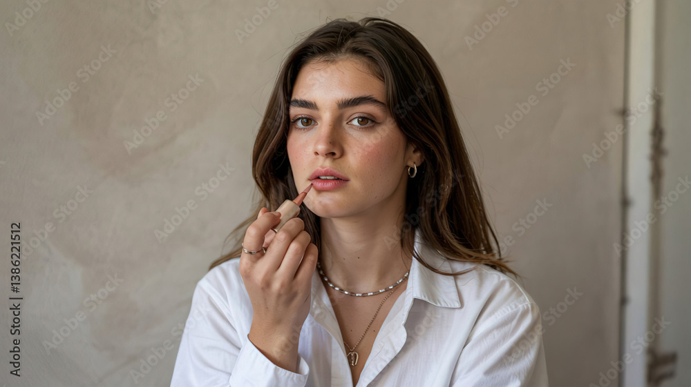woman paints lips with lipstick, isolated on light background,