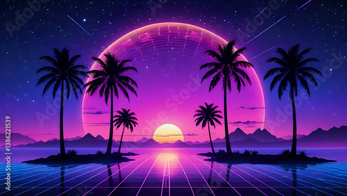 Retro Futuristic Neon Landscape with Glowing Sunset, Palm Trees Silhouettes. Synthwave Style. Purple and Blue  Gradient