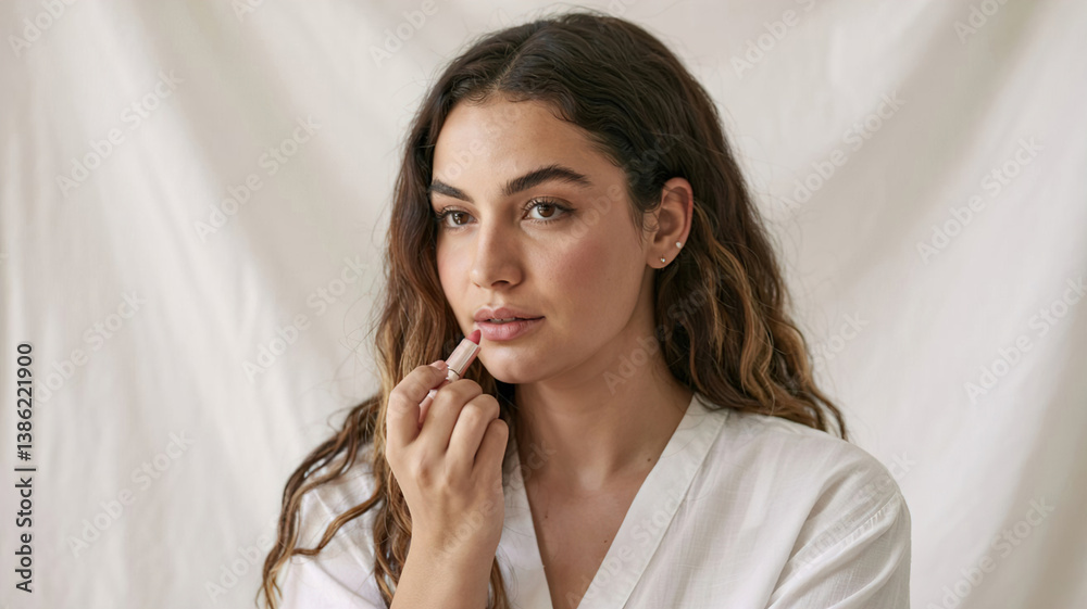 woman paints lips with lipstick, isolated on light background,
