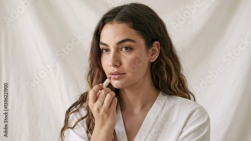 woman paints lips with lipstick, isolated on light background,	
