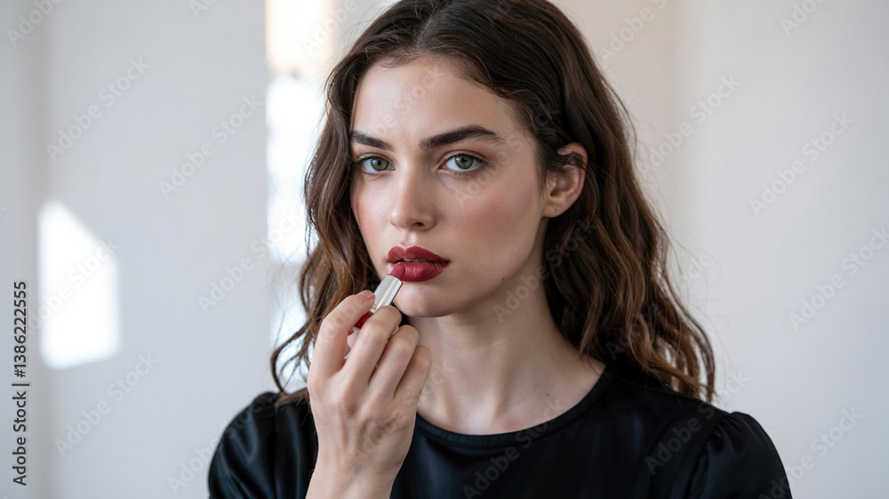 woman paints lips with lipstick, isolated on light background,