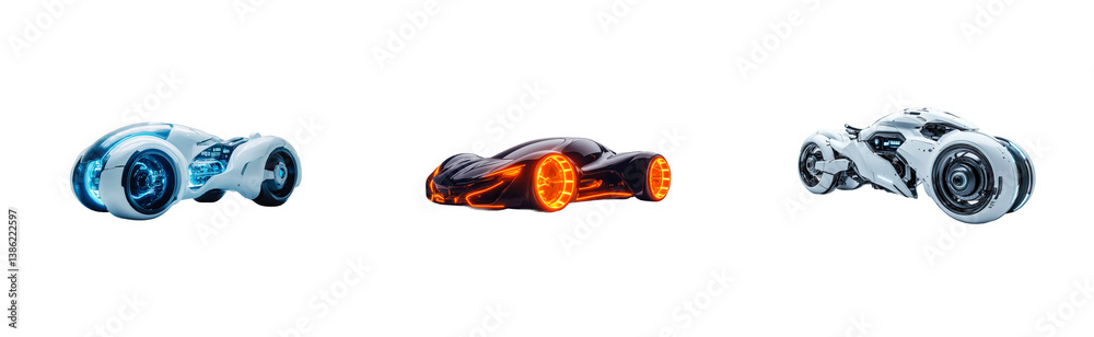 Futuristic concept cars with neon lights. Set png cut out Futuristic concept cars with neon lights. Set png cut out