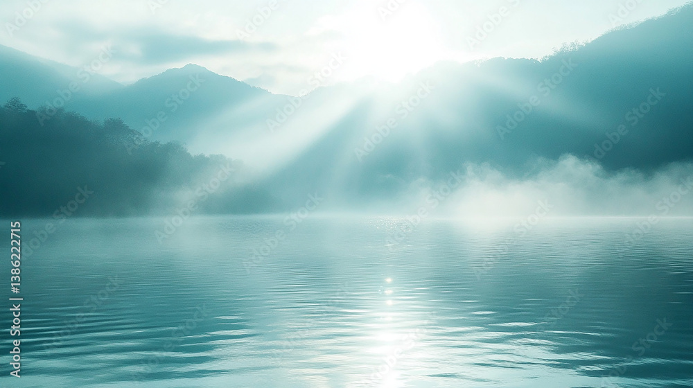 Fototapeta premium Light rays shining through cool mist on a pale blue