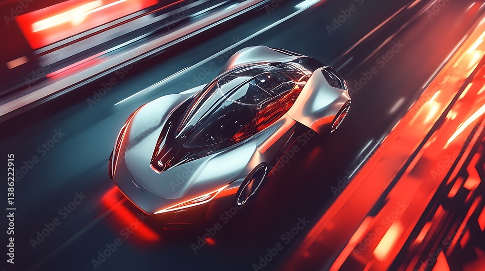 A futuristic silver car rapidly speeds along a smooth highway
