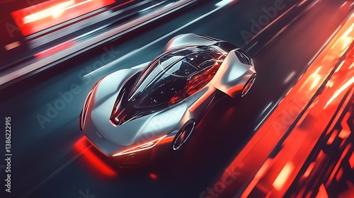 Obraz na płótnie A futuristic silver car rapidly speeds along a smooth highway w salonie