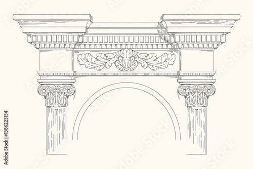 Detailed illustration of an Ionic entablature with decorative frieze and architrave, isolated on white sketch