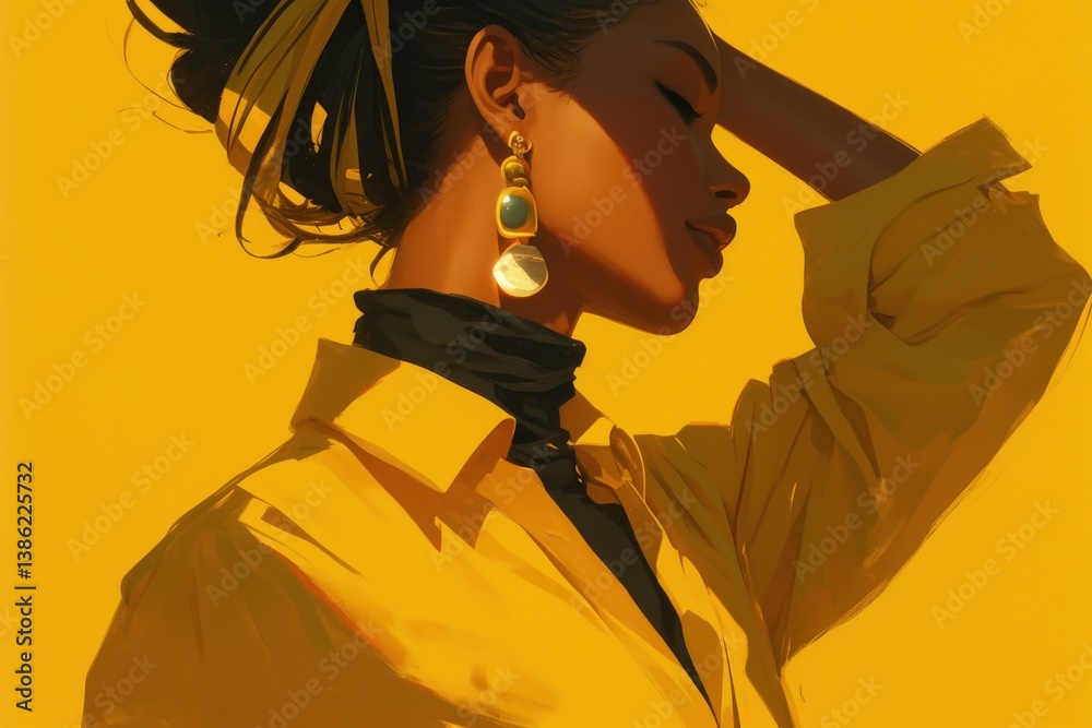 Fototapeta premium Woman in yellow, eyes closed, hand on head, black shirt and earring detail