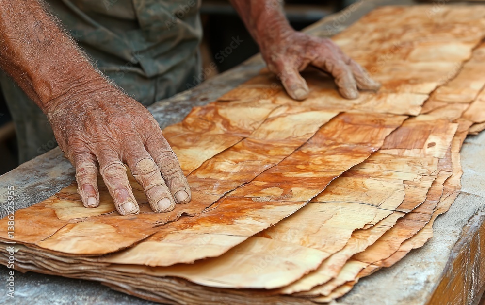 Skilled hands inspect layered wood veneer Skilled hands inspect layered wood veneer