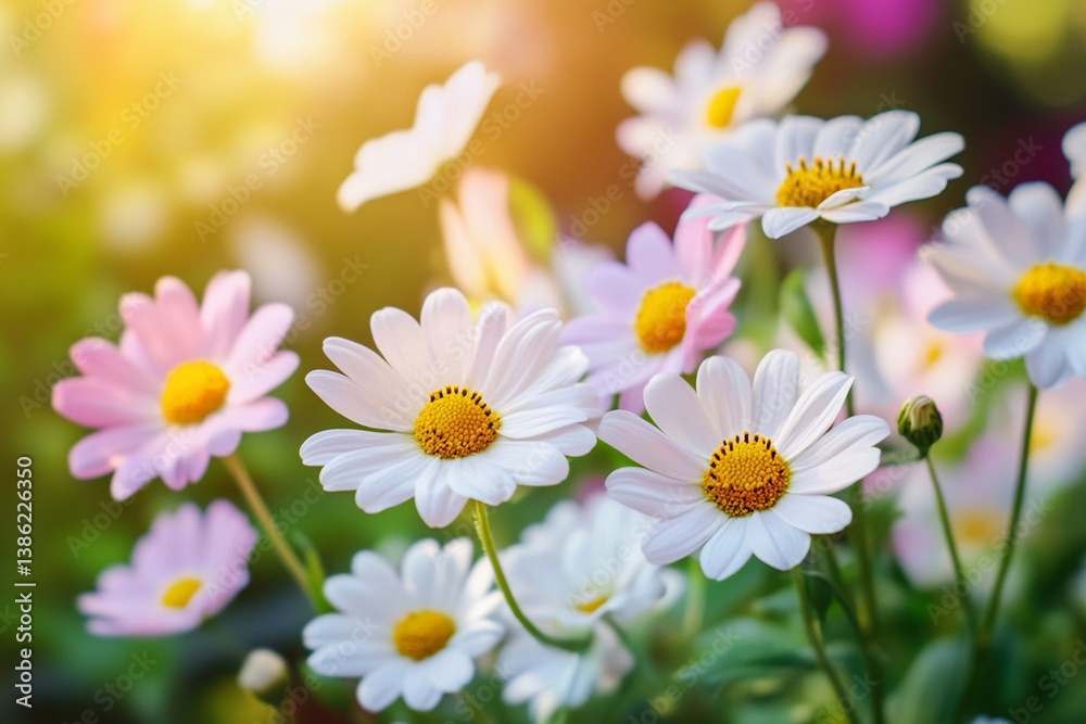 Fototapeta premium Close-up of White and Pink Daisies Blooming in a Sunny Garden
