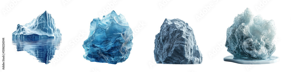 Fototapeta premium Four Icebergs Floating Ice Formation Arctic Glacier Antarctic Sea Ice Polar Ice Cap Glacial Ice Mass On Transparent Background