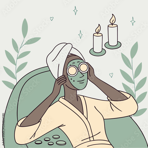 Woman applying a facial mask and cucumbers on eyes

