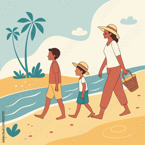 Family walking barefoot on beach

