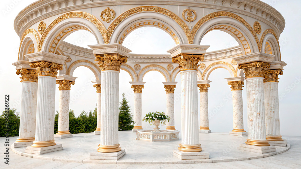 Antique arch with richly decorated snow-white columns with golden stucco isolated on white background, wedding mood, wedding venue for ceremony