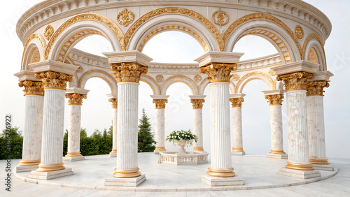 Obraz na płótnie Antique arch with richly decorated snow-white columns with golden stucco isolated on white background, wedding mood, wedding venue for ceremony w salonie