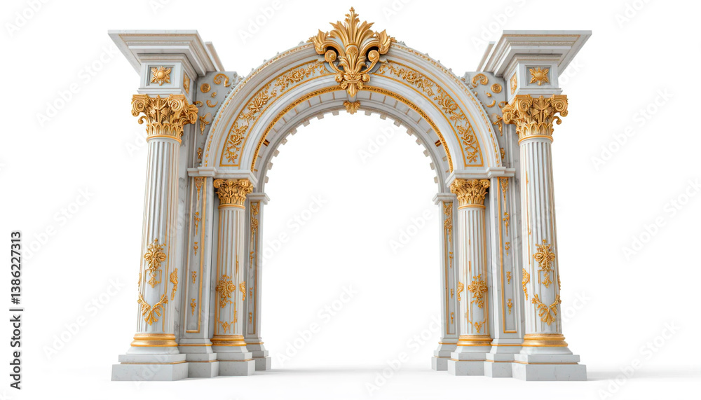 Antique arch with richly decorated snow-white columns with golden stucco isolated on white background, wedding mood, wedding venue for ceremony