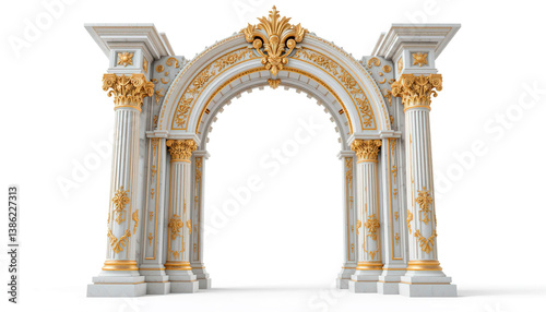 Obraz na płótnie Antique arch with richly decorated snow-white columns with golden stucco isolated on white background, wedding mood, wedding venue for ceremony w salonie