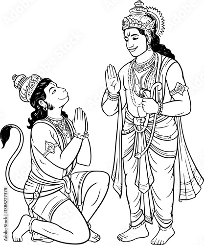 Hanuman and Lord Ram in a Traditional Indian Style Illustration