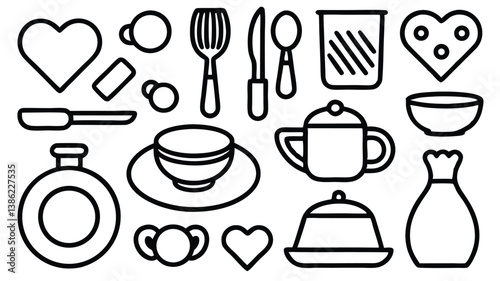 vector collection set off tableware with love heart symbol doodle hand drawn icon