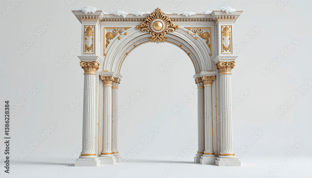 Antique arch with richly decorated snow-white columns with golden stucco isolated on white background, wedding mood, wedding venue for ceremony